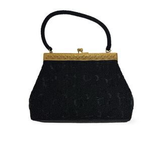 Vintage 1950s Black Beaded Hong Kong Evening Purse Gold Filigree AB Clasp